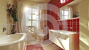 A Simple Beige and Red Bathroom Space, Perfectly Complemented by a White Sink