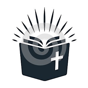 Semplice la Bibbia icona. libro aperto raggi da la luce brillante pagine. religione Chiesa la Bibbia studio moderno stile 