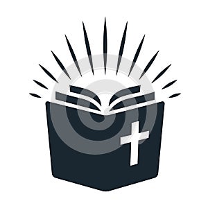 Simple Bible icon. Open book with rays of light shining from pages. Religion, church, Bible study concept contemporary style