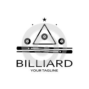 simple billiards logo template illustration with billiard balls and sticks,design for billiards booth,billiards business,bills