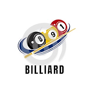 Simple billiards logo template illustration with billiard balls and sticks,