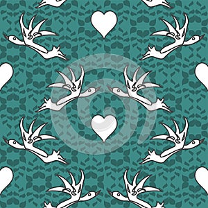 Simple Birds And hearts Repeat Pattern In White And Teal Green