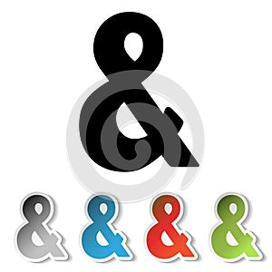 Simple black ampersand symbol and grey, blue, red, green stickers with sign of &.