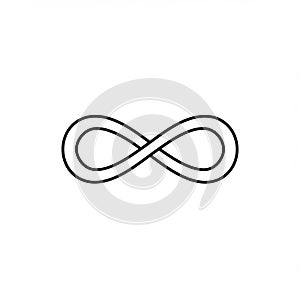 A simple, black infinity symbol is centered on a plain white background. The design