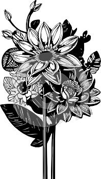 simple black outline drawing of a bouquet of flowers without background, isolated element