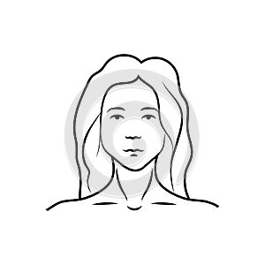 Simple black outline icon of woman face, portrait icon isolated on white