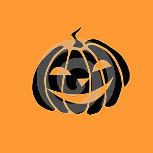 Simple black silhouette Halloween pumpkin isolated on orange background. Jack`O Lantern. Vector hand drawn illustration in flat