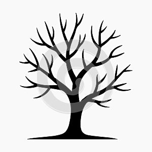Simple black silhouette of a leafless tree against a white background