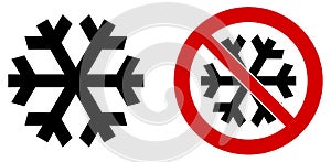 Simple black snowflake icon meaning winter / cold / freeze. Also version in red circle means