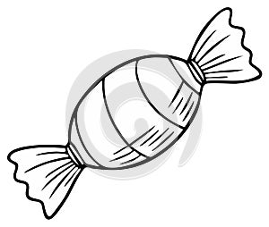 Simple black and white drawing of a twisted wrapper candy with stripes