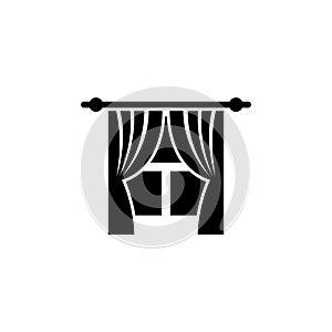 A simple black and white icon depicting a curtain or drape covering a church-style window, representing the interior