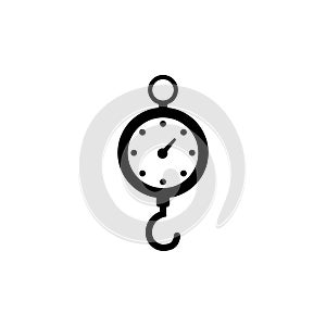 A simple black and white icon depicting a hanging weight or fishing scale, symbolizing measurement, weighing, or
