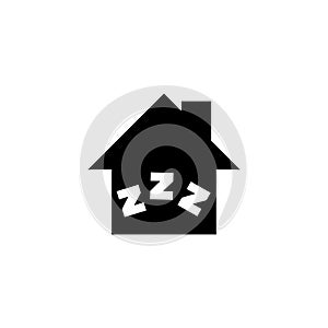 A simple black and white icon depicting a house silhouette with the ZZZ symbols, symbolizing a home or residence