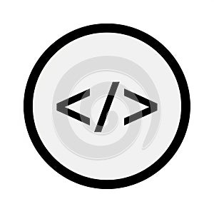 Simple black and white icon representing coding or programming with angle brackets code computer