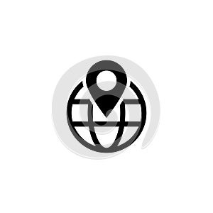A simple black and white illustration depicting a globe icon with location marker pinpoint symbol, representing global