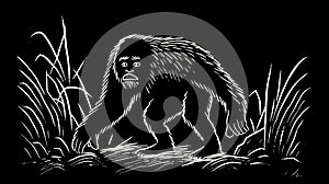 Simple black and white Linocut art of a Sasquatch in the woods. Simplistic lino print Bigfoot illustration