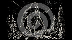 Simple black and white Linocut art of a Sasquatch in the woods. Simplistic lino print Bigfoot illustration