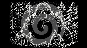 Simple black and white Linocut art of a Sasquatch in the woods. Simplistic lino print Bigfoot illustration