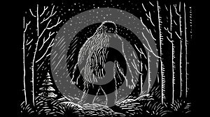 Simple black and white Linocut art of a Sasquatch in the woods. Simplistic lino print Bigfoot illustration