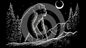 Simple black and white Linocut art of a Sasquatch in the woods. Simplistic lino print Bigfoot illustration