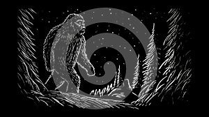 Simple black and white Linocut art of a Sasquatch in the woods. Simplistic lino print Bigfoot illustration.