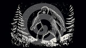 Simple black and white Linocut art of a Sasquatch in the woods. Simplistic lino print Bigfoot illustration