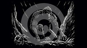 Simple black and white Linocut art of a Sasquatch in the woods. Simplistic lino print Bigfoot illustration