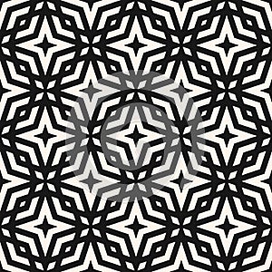 Simple black and white ornamental texture with diamond shapes, stars, octagons, grid, net, mesh, lattice.