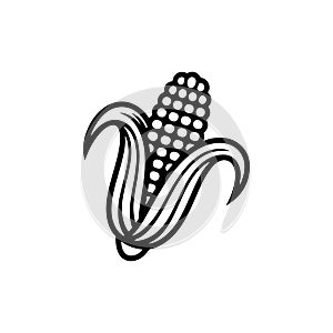 A simple black and white vector icon of a partially shucked ear of corn with visible kernels and husks.