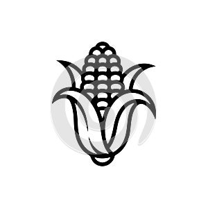 A simple black and white vector icon of a partially shucked ear of corn with visible kernels and husks.