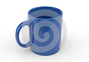 A simple blue ceramic mug with a curved handle presented isolated on white background