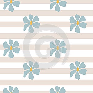 Simple blush pink striped seamless pattern with cute blue flowers, boho floral background. Simple botanical vector