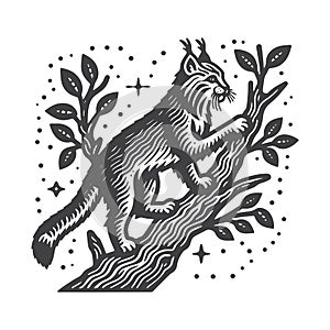 Bobcat Climbing Tree Vintage Retro Logo Illustration Design.