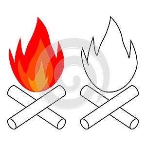 Simple bonfire icon burning logs, vector campfire balefire, smudge