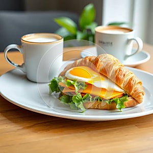 A simple breakfast of a croissant sandwich with lettuce, egg and cheese with two cups of cappuccino.