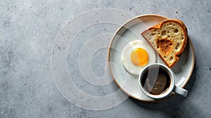 A simple breakfast of a fried egg, toasted bread, and a cup of coffee on a plate. Generative AI