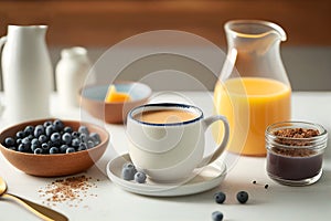 Simple breakfast table setting with cup of coffee with cream orange juice blueberries. Soft morning light. AI generated