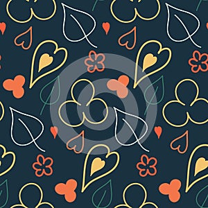 Simple bright heart flower leaf seamless pattern on dark background wallpaper wrapping textile design