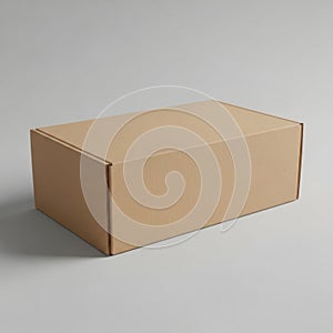 A simple brown cardboard box sits on a plain gray surface ready for shipping or storage