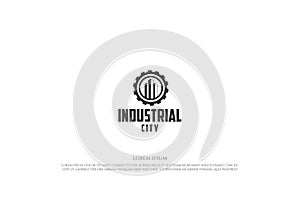 Simple Building with Gear Cog Machine for Industrial City Logo Design Vector