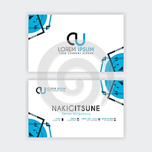 Simple Business Card with initial letter CU rounded edges with a blue and gray corner decoration.