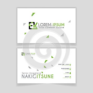 Simple Business Card with initial letter EK rounded edges with green accents as decoration.