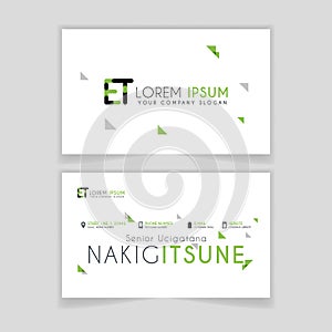 Simple Business Card with initial letter ET rounded edges with green accents as decoration.