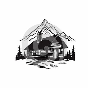 Simple Cabin: Detailed Ink Illustration Of A Mountain Cabin