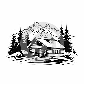 Simple Cabin: Charming Tattoo-style Illustration Of A Log Cabin In The Mountains photo