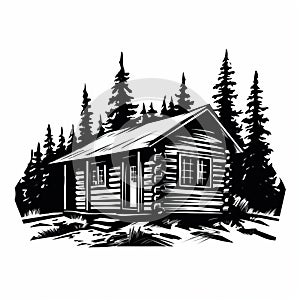 Simple Cabin Silhouette: Black And White Cartoon Realism Mural Painting