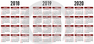 Simple Calendar 2018, 2019, 2020. Vector Graphic