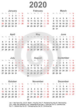 Simple calendar 2020 with public holidays for USA