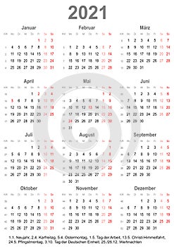 Simple calendar 2021 with public holidays for Germany