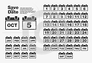 Simple calendar set. Numbers and days of the week, months.